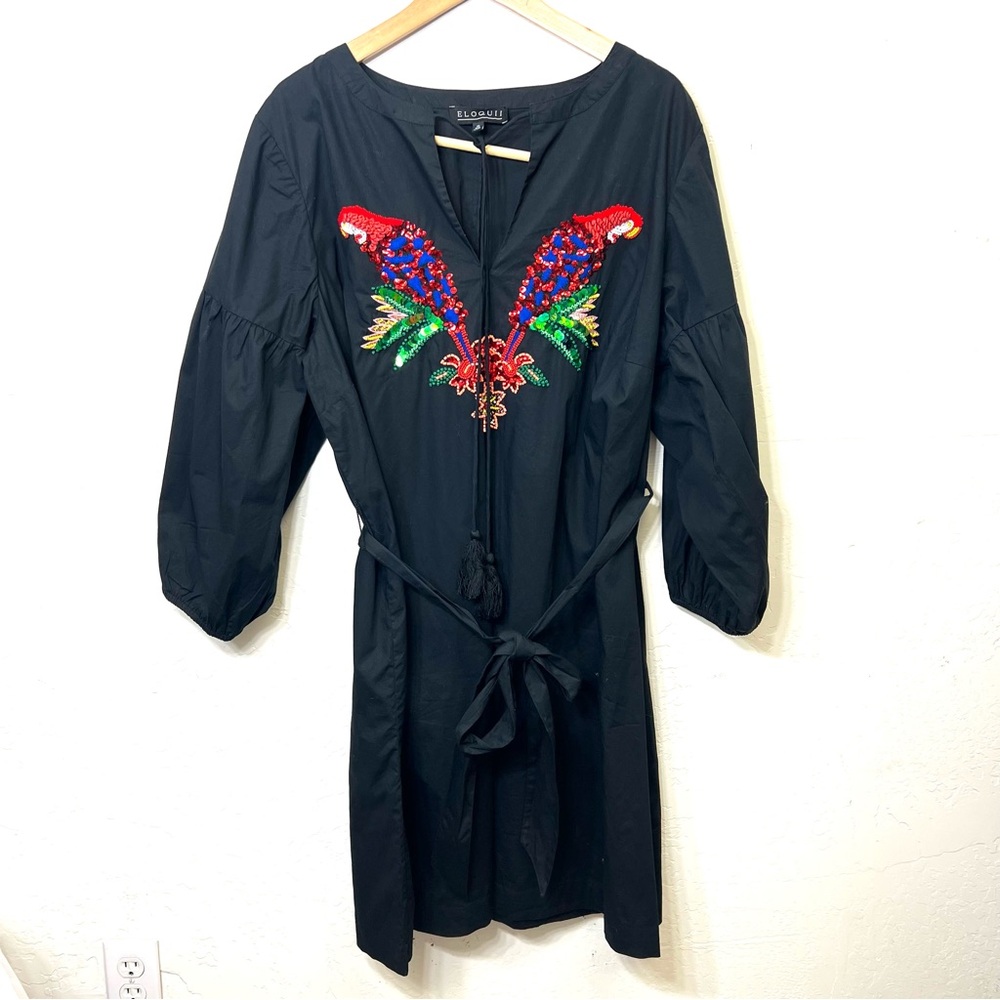 Eloquii Black Parrot Puff Sleeve Dress Sequin Beaded Parrots Size 20